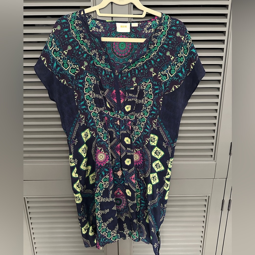 Maeve Anthropologie 100% Silk Tunic Medallion Boho Mini Dress Blue Green XS